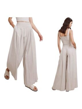 Banana Republic Linen Blend Palazzo Pants Beige Wide Leg Pleated Boho Sz 4 NWOT